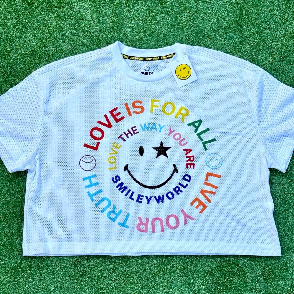 SMILEY WORLD Crop Top T Shirt White Graphic Tee